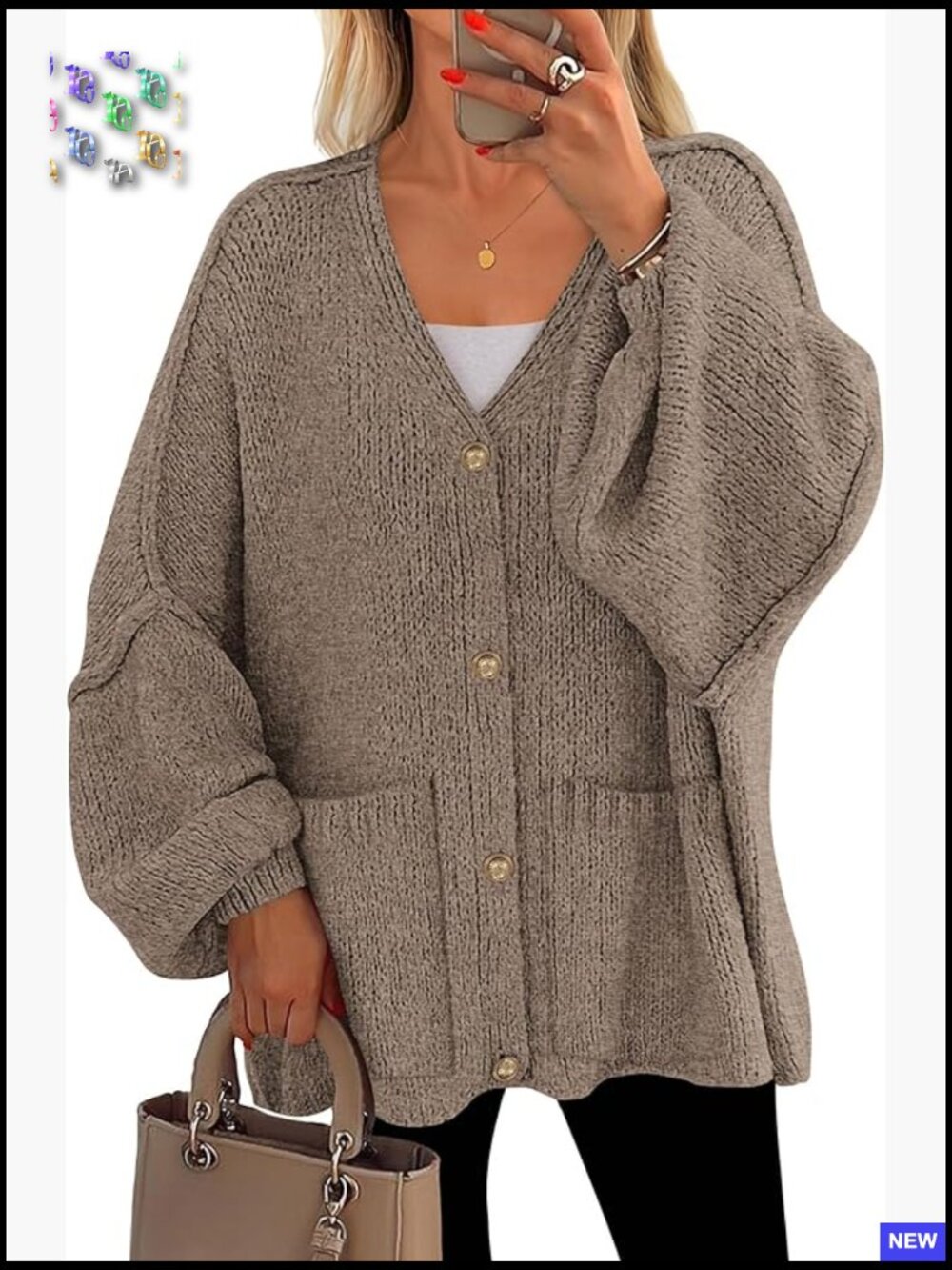 Chunky Knit Cardigan Oversized Lantern Sleeve V-Neck Button Down Cozy